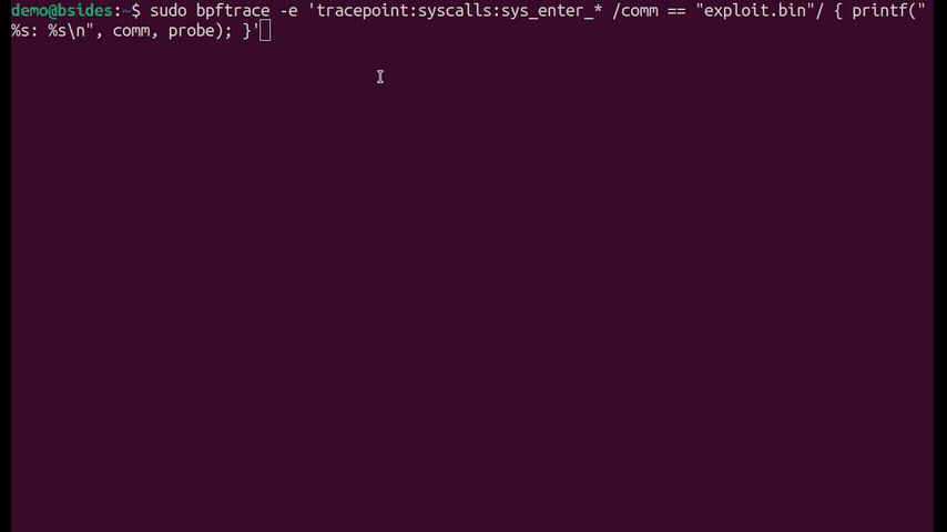 BPF trace output showing syscalls from the exploit