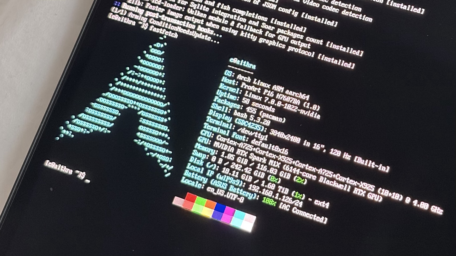 Fastfetch showing Arch Linux ARM on the ASUS ProArt P16 with an NVIDIA N1X GPU.